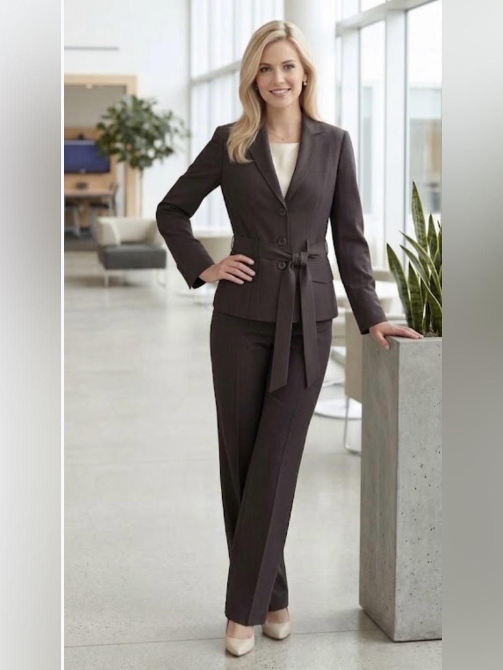 🔴 Women's Brown Pinstripe Belted Blazer & Pants Set-Size14-16